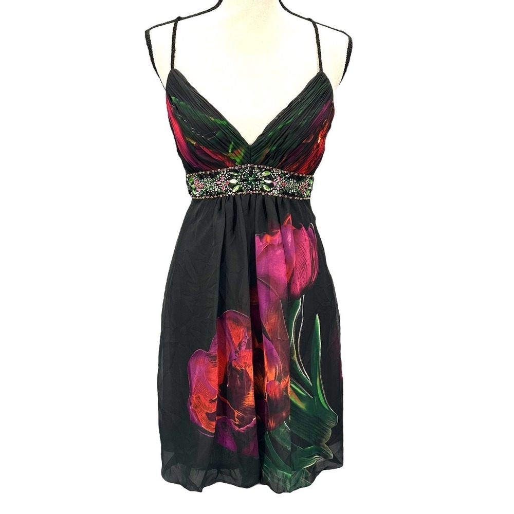 Sue Wong Women's Mini Dress Beaded Cocktail Party Floral Racer Back Size‎ 2